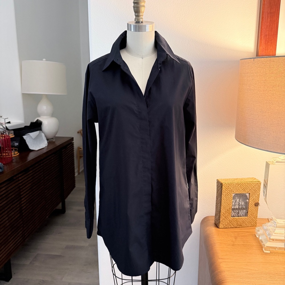 Emporia Armani Navy Blue Cotton Poplin Long Sleeve Button Vent Shirt Tunic 42